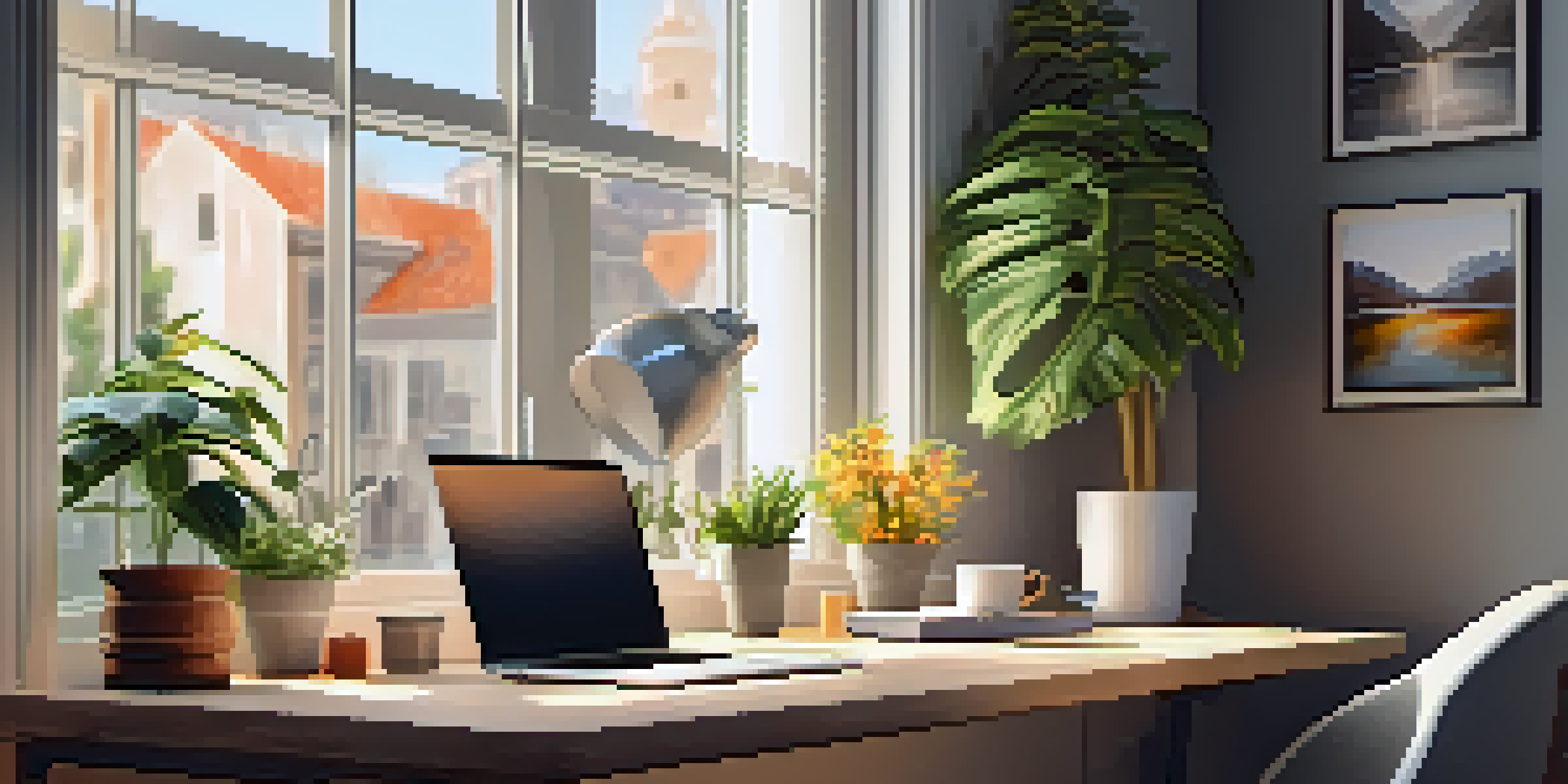 A modern desk setup with a laptop, potted plants, and warm light from a window, creating a cozy workspace.