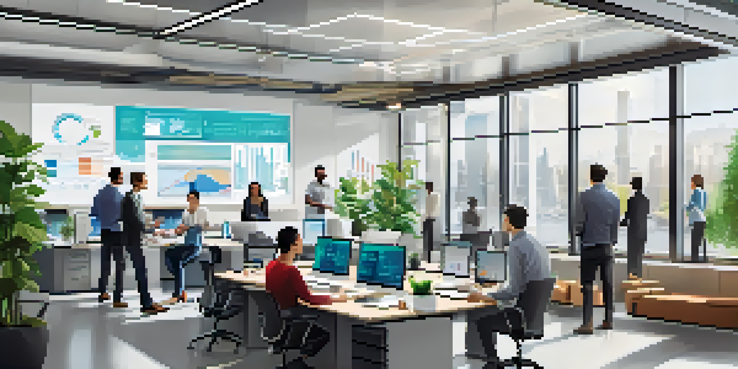 A diverse team of professionals in a modern office collaborating with a laptop displaying RPA analytics.