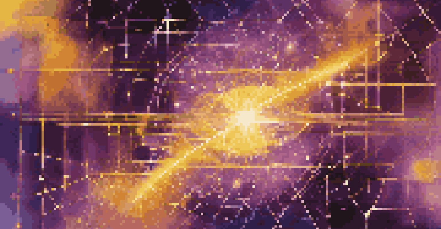 An abstract depiction of quantum key distribution with vibrant light particles on glowing pathways.