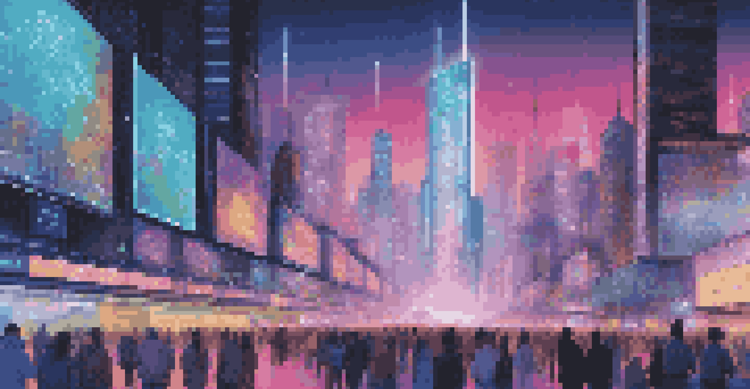 A futuristic city with a digital billboard about blockchain governance, illuminated by neon lights and people using holographic displays.