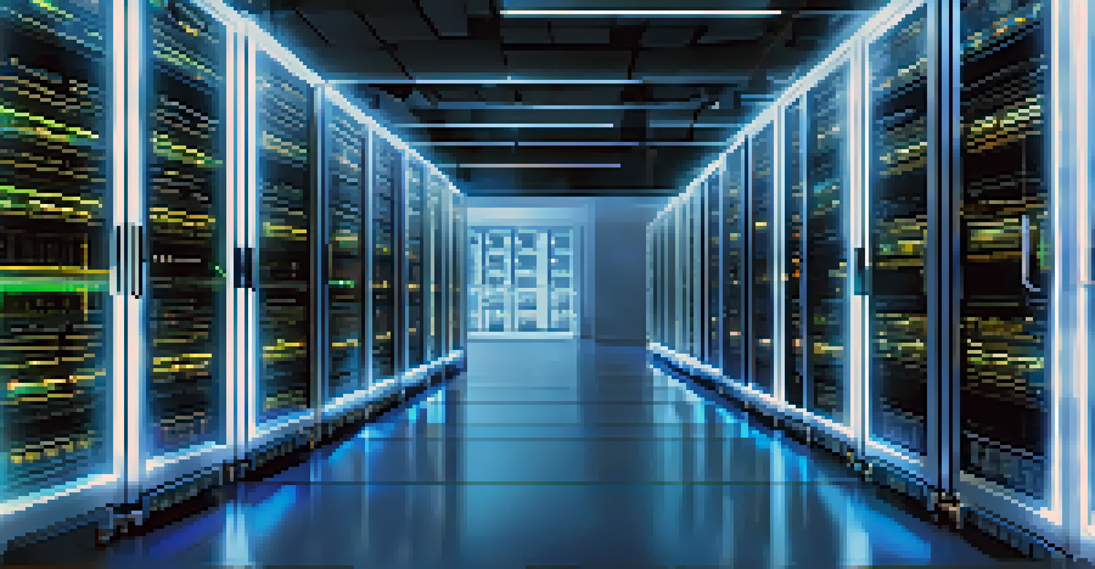 A high-tech server room with glowing servers and a large screen displaying container technology.
