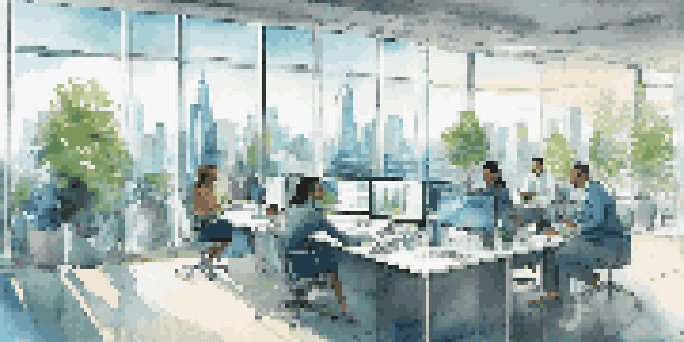 A diverse group of professionals collaborating in a modern office with a large digital screen showing data analysis and a city skyline outside.