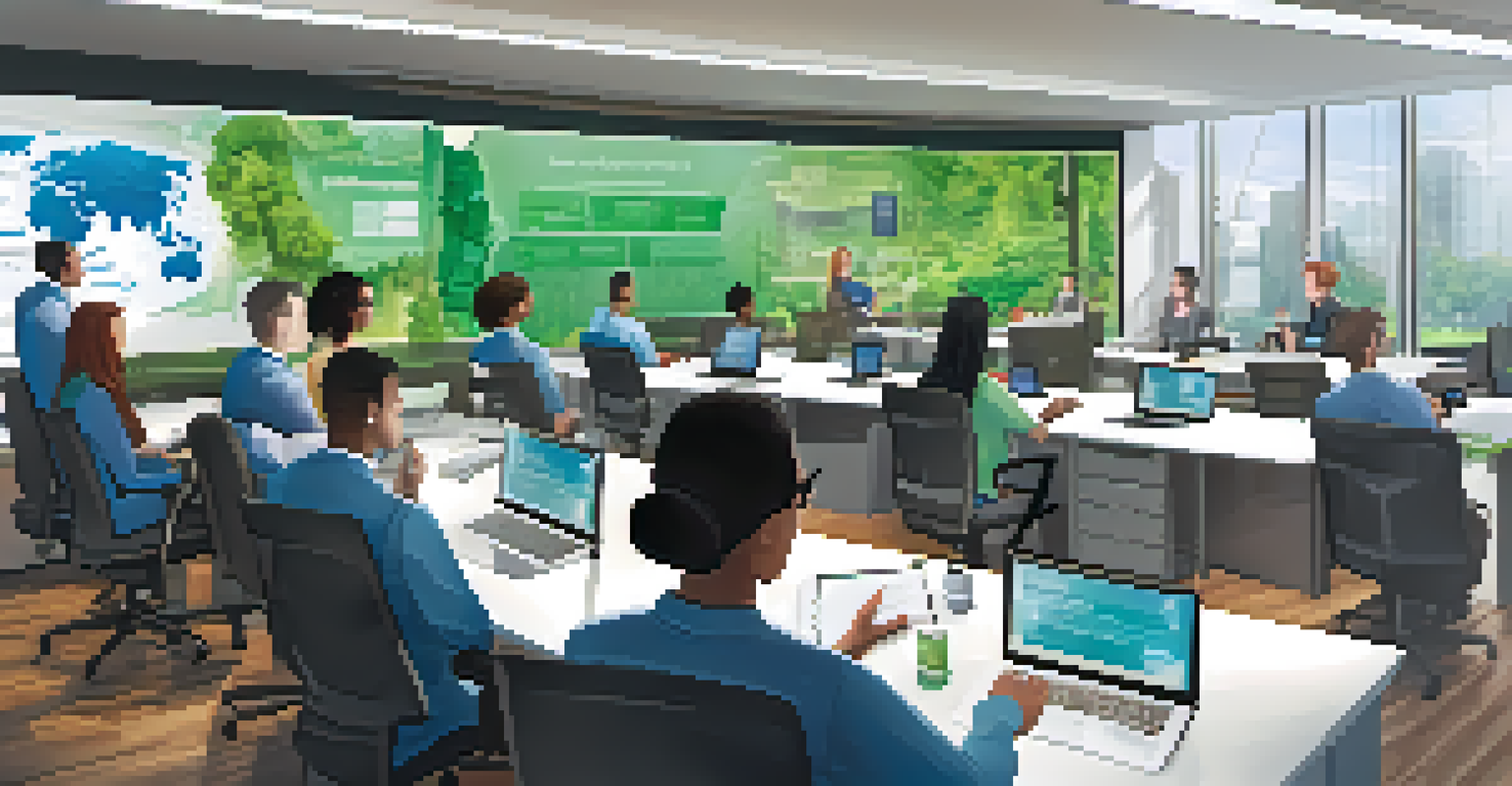 A diverse group of employees in an office engaged in a cybersecurity training session, with a large screen displaying security protocols.