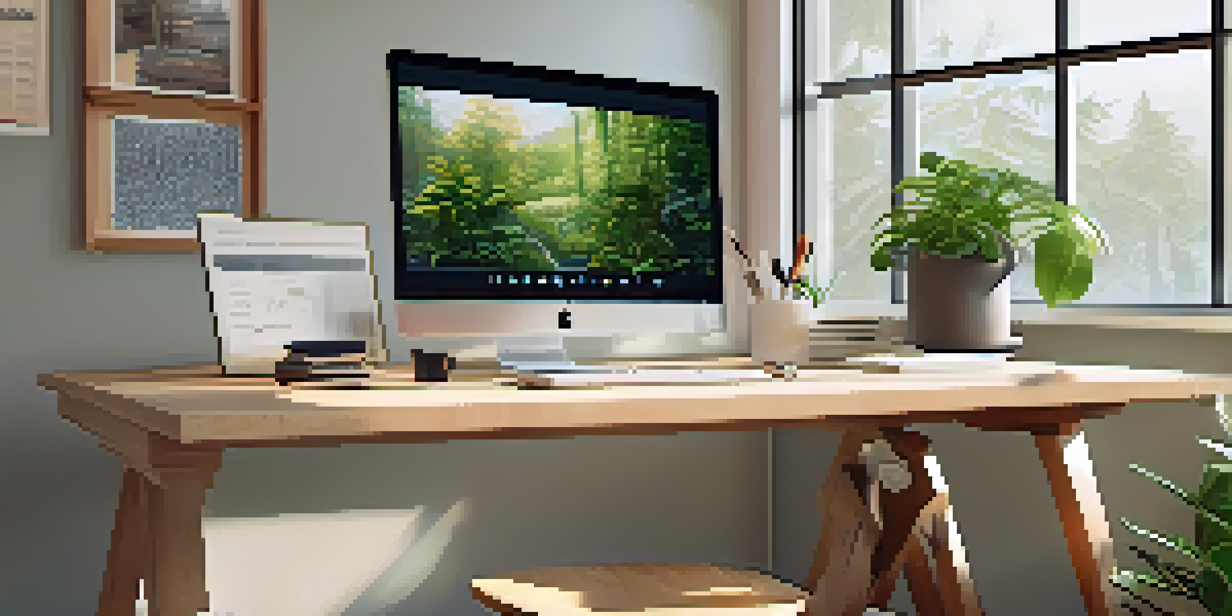 A bright and inviting office space with a wooden desk, laptop, plants, and motivational artwork on the walls.