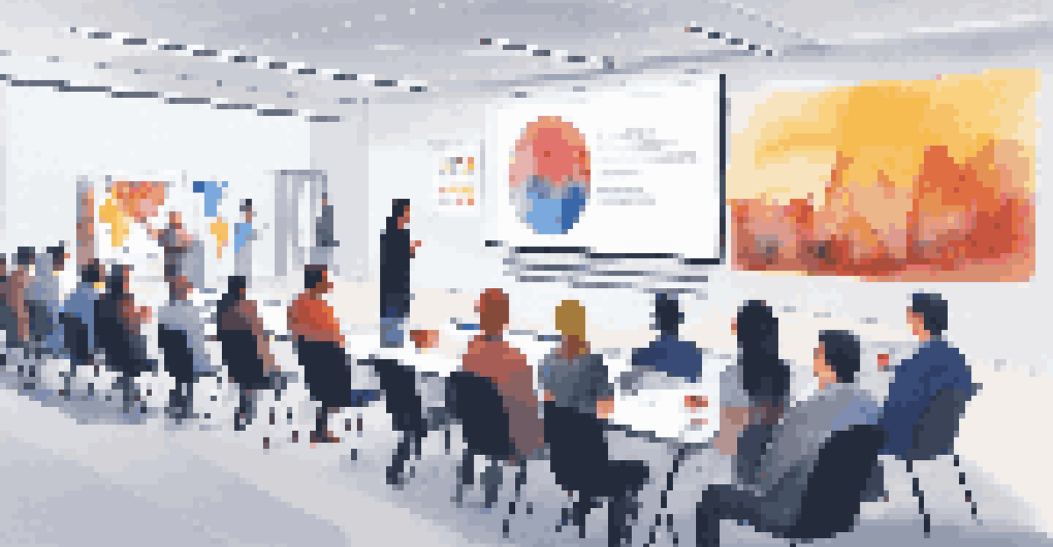 A training session in a well-lit room, with employees listening to a trainer discussing knowledge management systems, and a large screen displaying features.