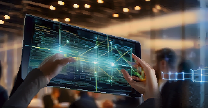 A digital tablet showing a transparent blockchain ledger with glowing connections, set against a blurred nonprofit office background.