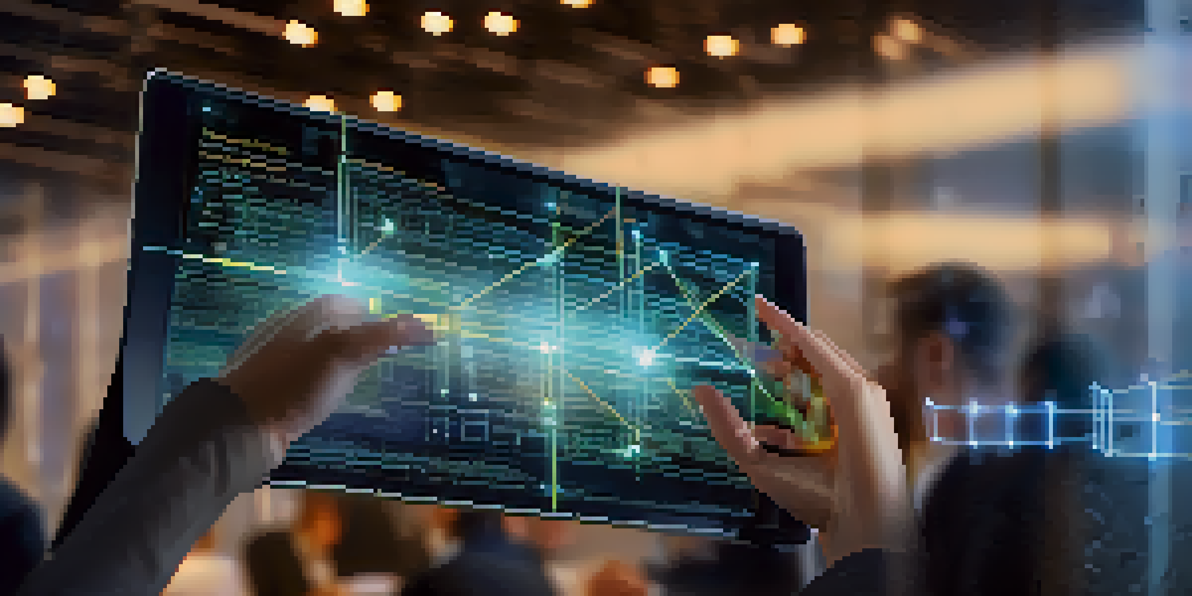 A digital tablet showing a transparent blockchain ledger with glowing connections, set against a blurred nonprofit office background.