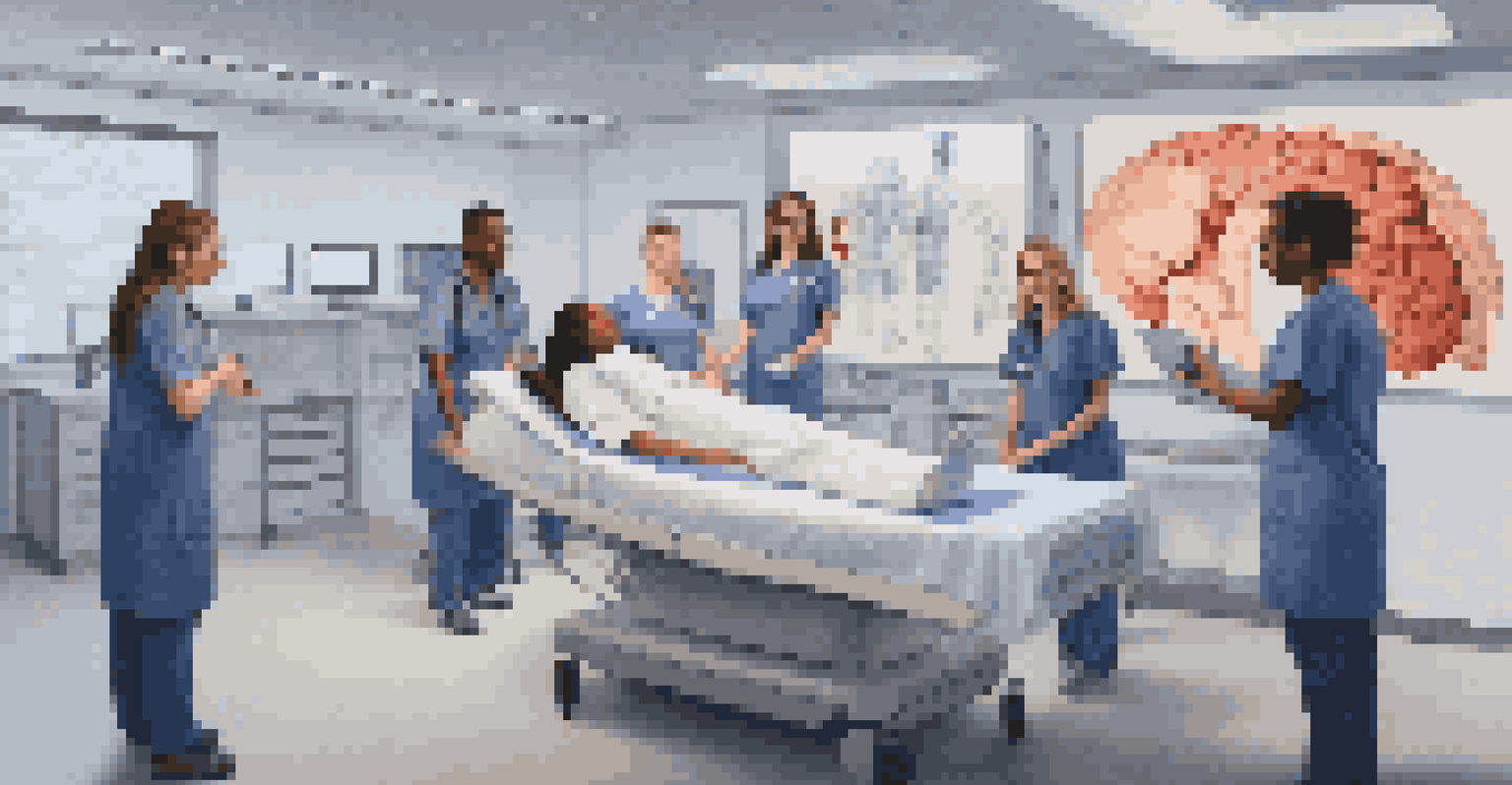 A group of diverse nursing students collaborating around a virtual patient simulation using augmented reality technology.