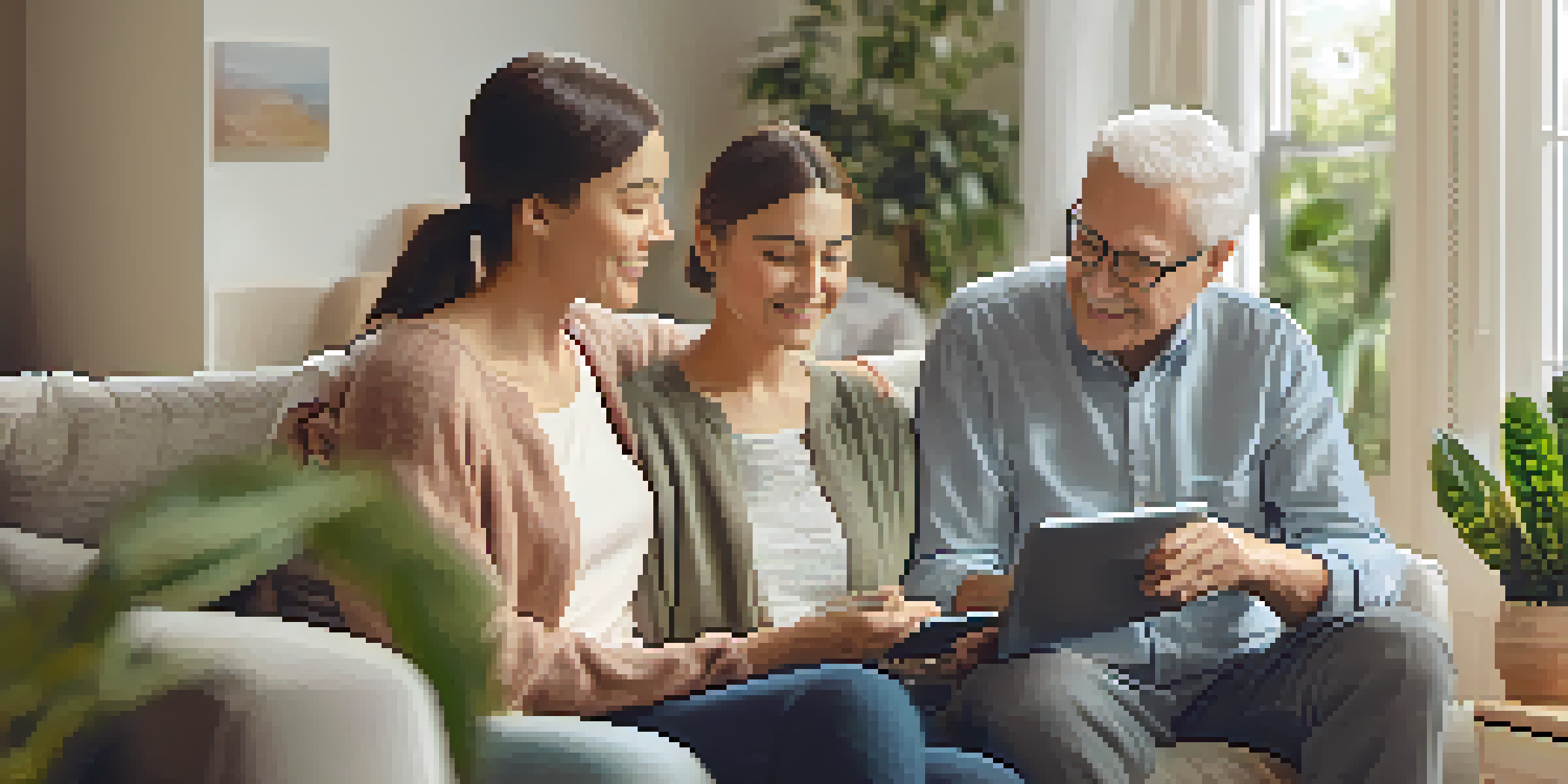 An elderly person using a tablet with a health app in a cozy living room, with a caregiver nearby.