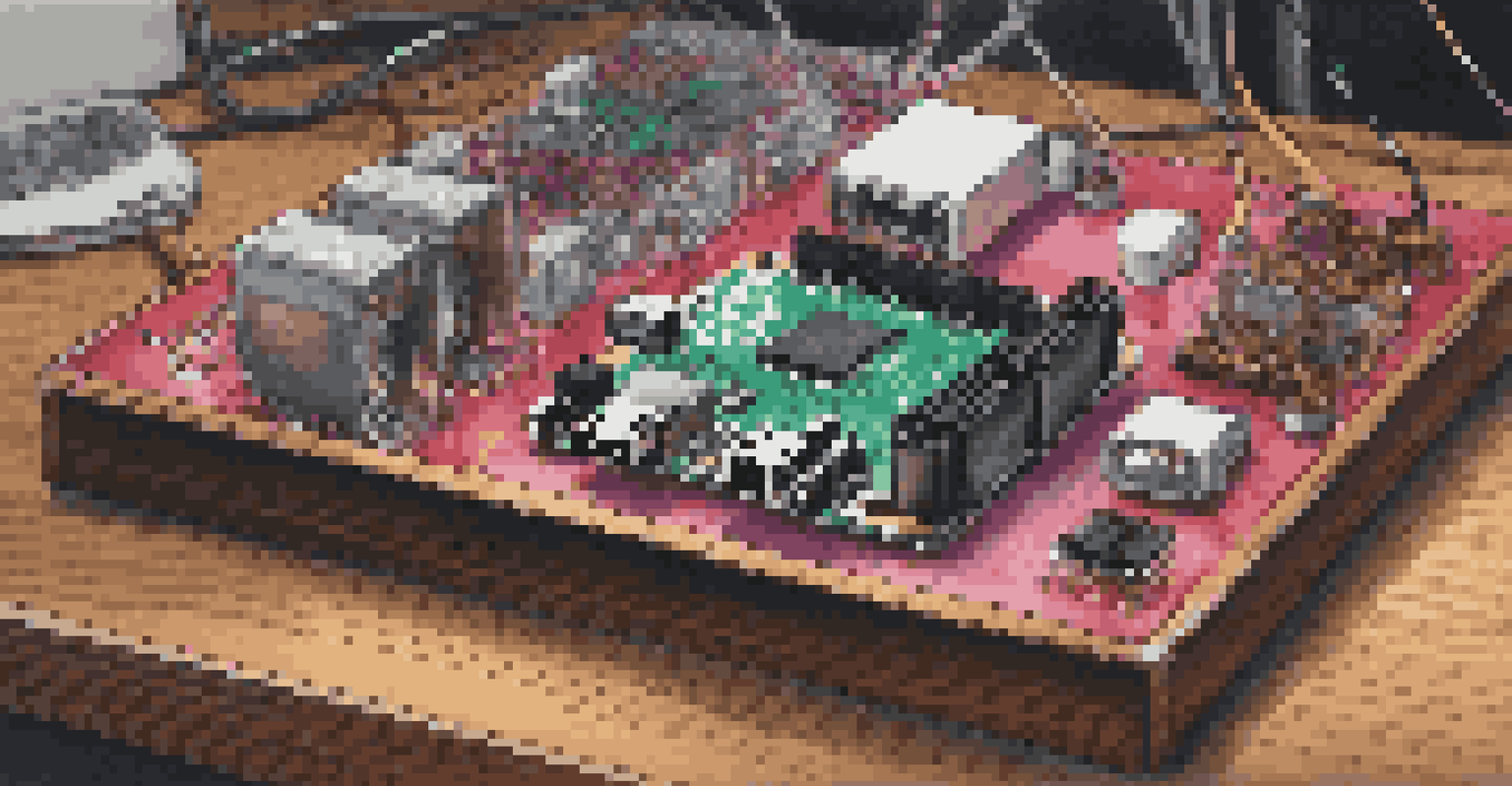 A detailed close-up of a Raspberry Pi project on a wooden workbench, showcasing sensors and glowing LEDs.