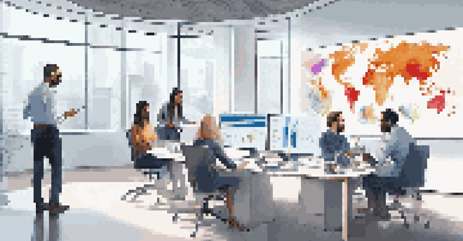 A modern office with professionals collaborating around an interactive screen displaying risk analytics. The environment is bright and engaging, fostering teamwork.