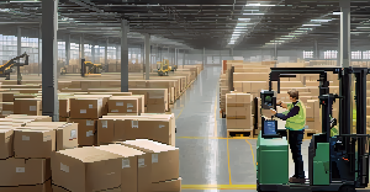 Employees in a warehouse tracking shipments with tablets, illuminated by natural light, surrounded by boxes and a forklift.