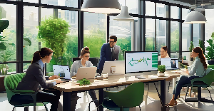 A diverse group of professionals working together in a bright office, analyzing social media analytics on laptops.