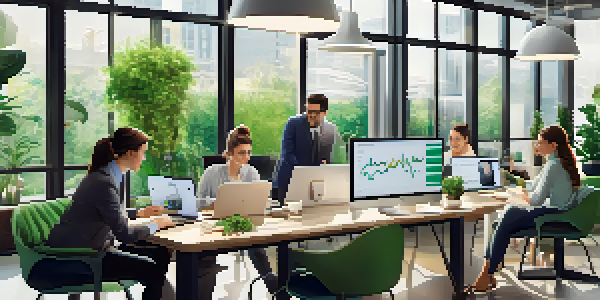 A diverse group of professionals working together in a bright office, analyzing social media analytics on laptops.