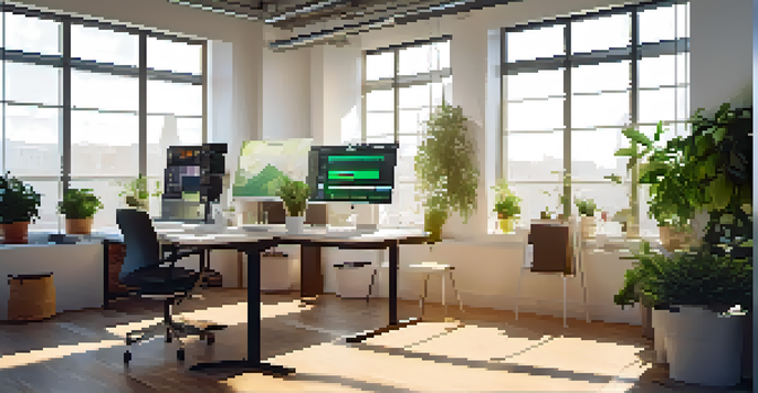 A bright modern workspace featuring a computer displaying a digital asset management interface, with plants and a coffee cup nearby.