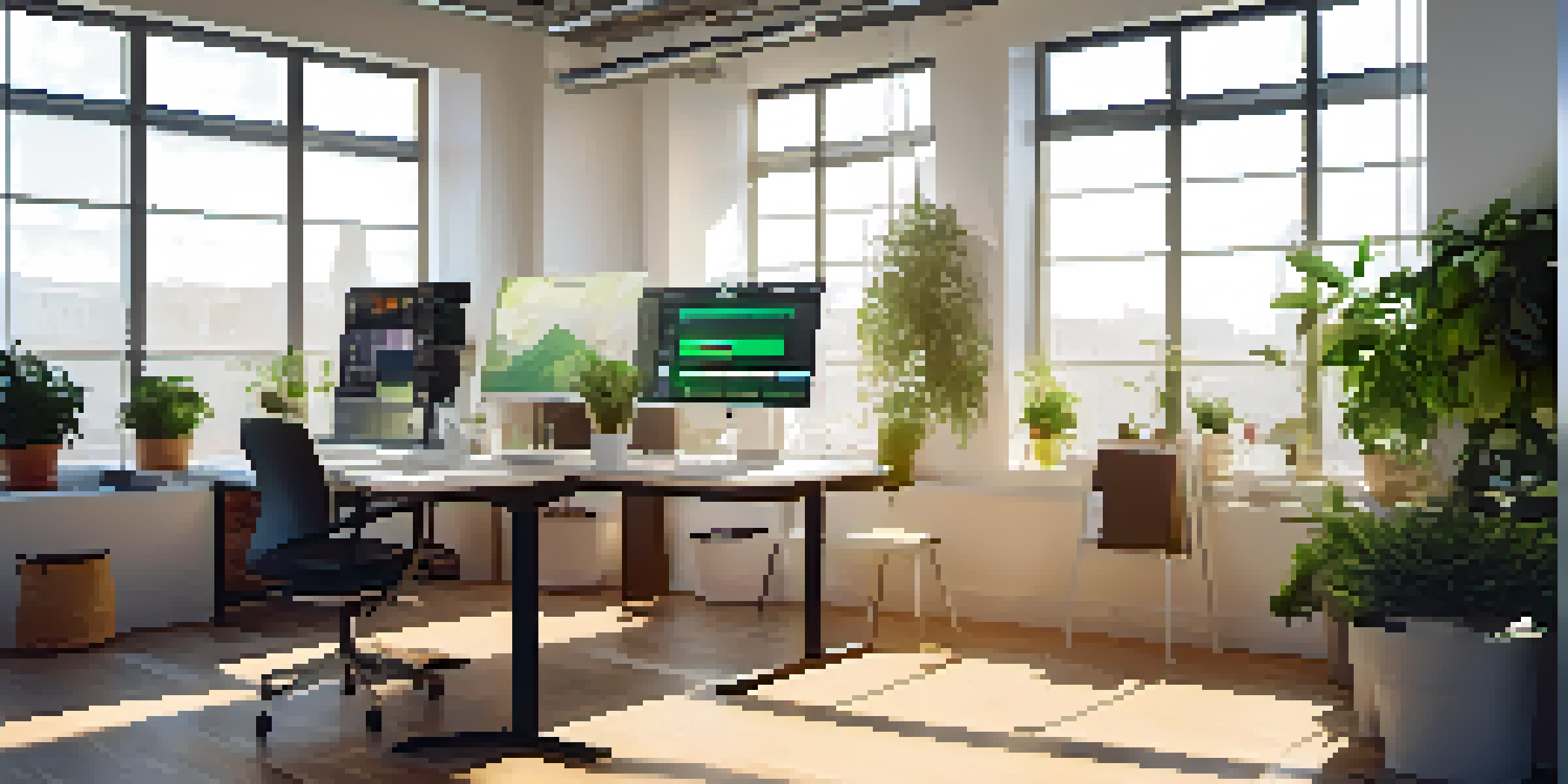 A bright modern workspace featuring a computer displaying a digital asset management interface, with plants and a coffee cup nearby.