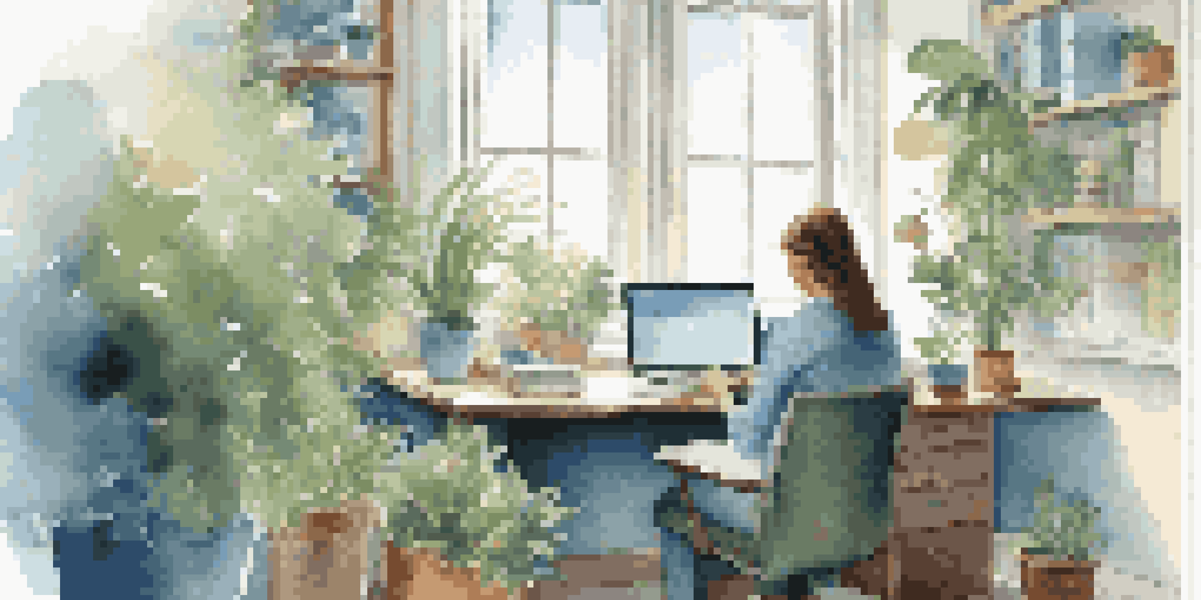 An individual working on a laptop in a bright office space, with privacy settings displayed on the screen, surrounded by plants and natural light.