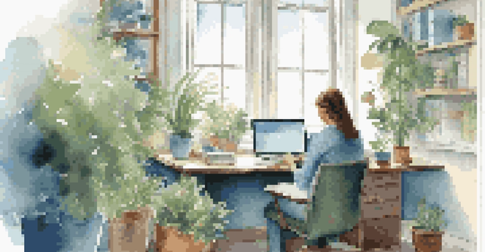 An individual working on a laptop in a bright office space, with privacy settings displayed on the screen, surrounded by plants and natural light.