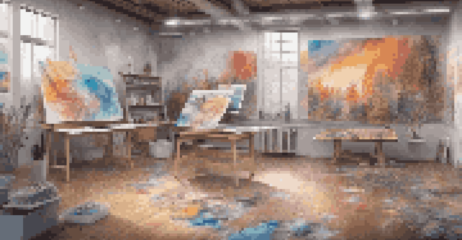 An artist's studio with animated digital art overlays on canvases, creating a vibrant and immersive artistic environment.