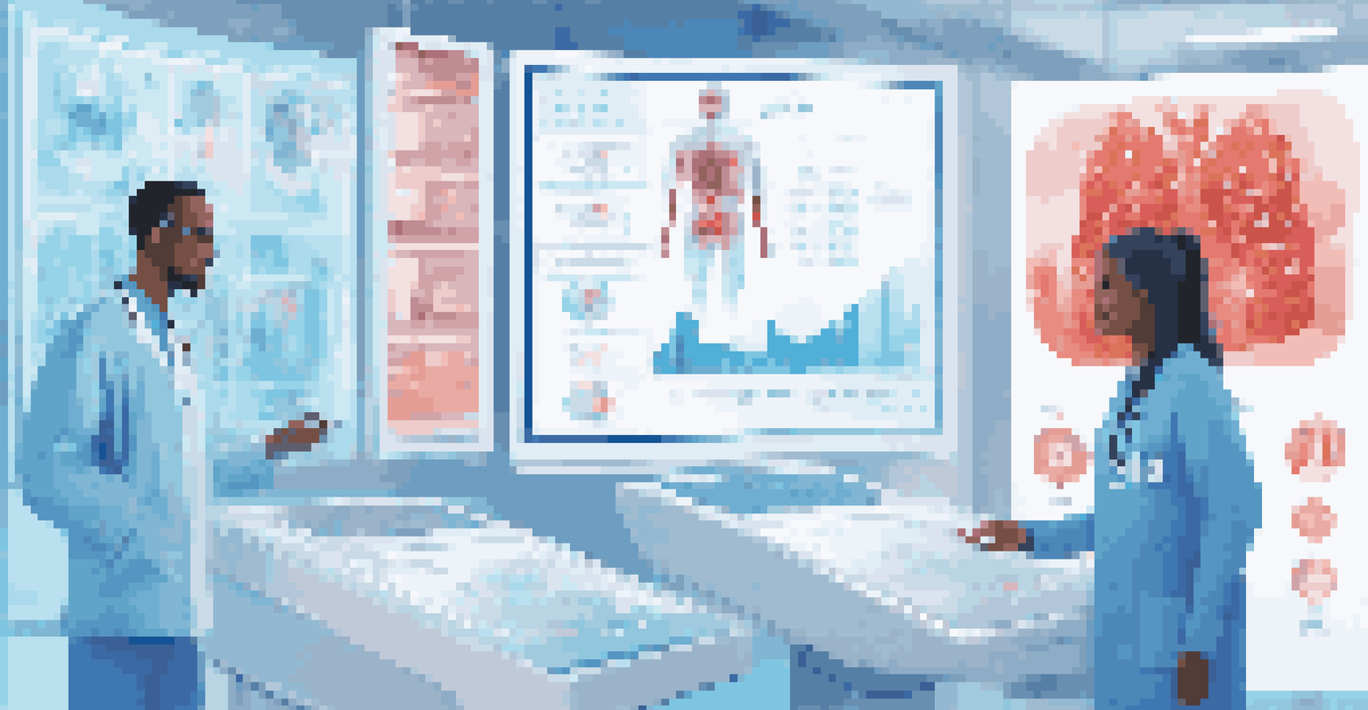 A healthcare professional using an AI system surrounded by digital screens with patient data.