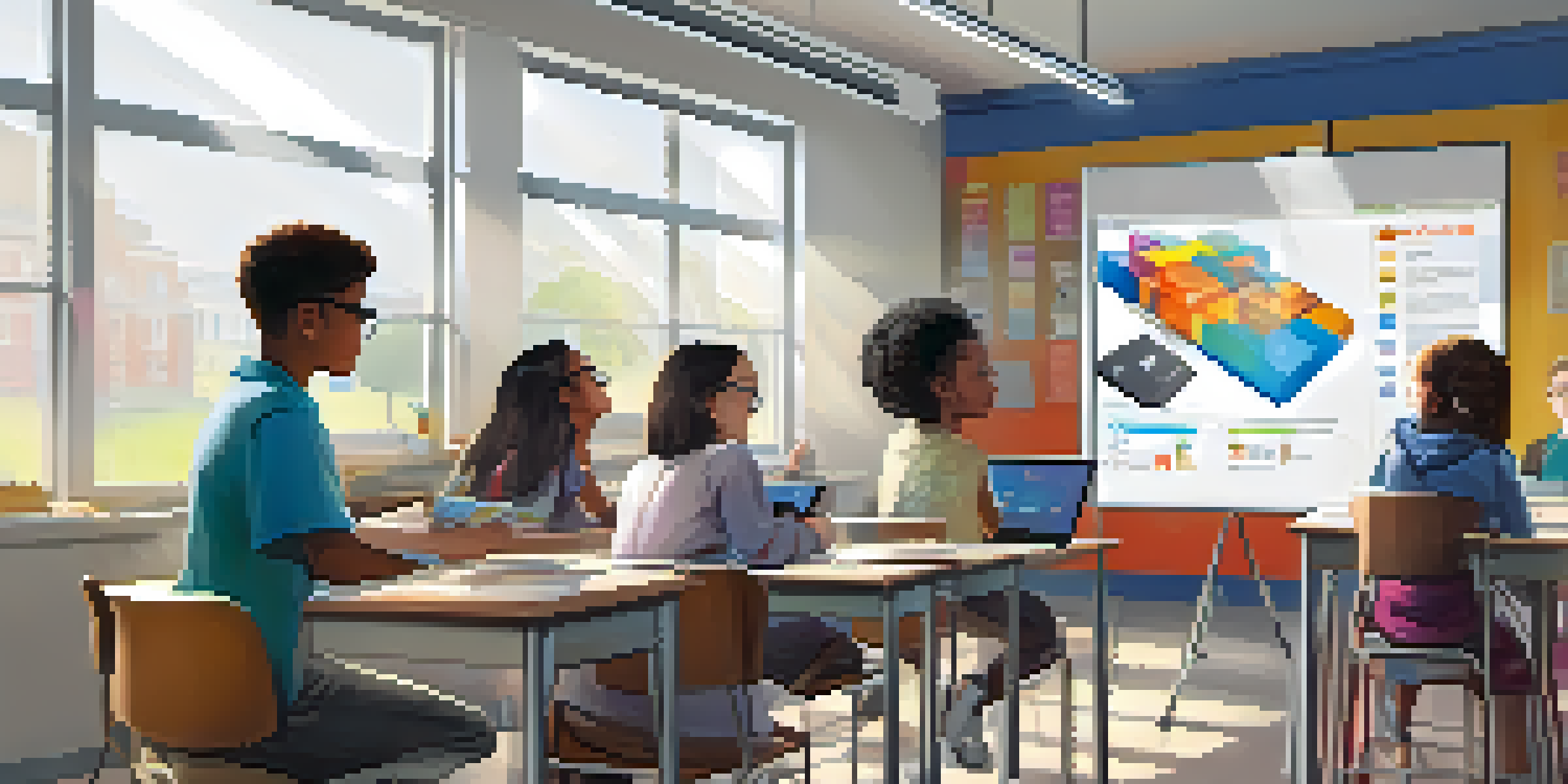 A bright classroom filled with diverse students using tablets and laptops, engaged in learning. A teacher assists them near a smart board.