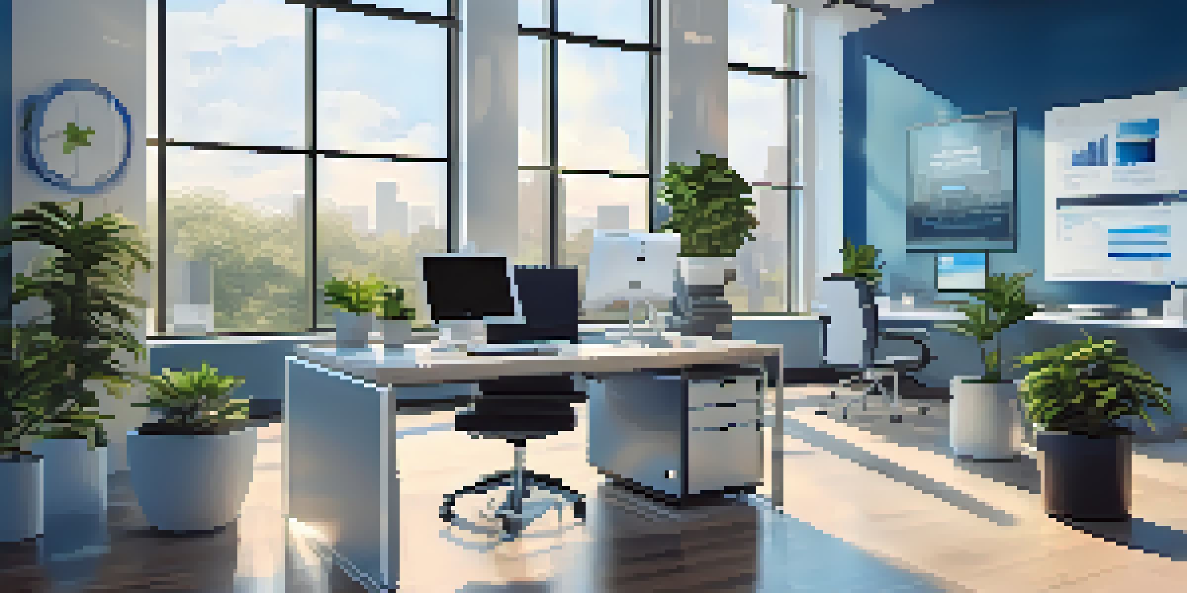 A modern office workstation with robotic process automation software on the screen, surrounded by plants and natural light.