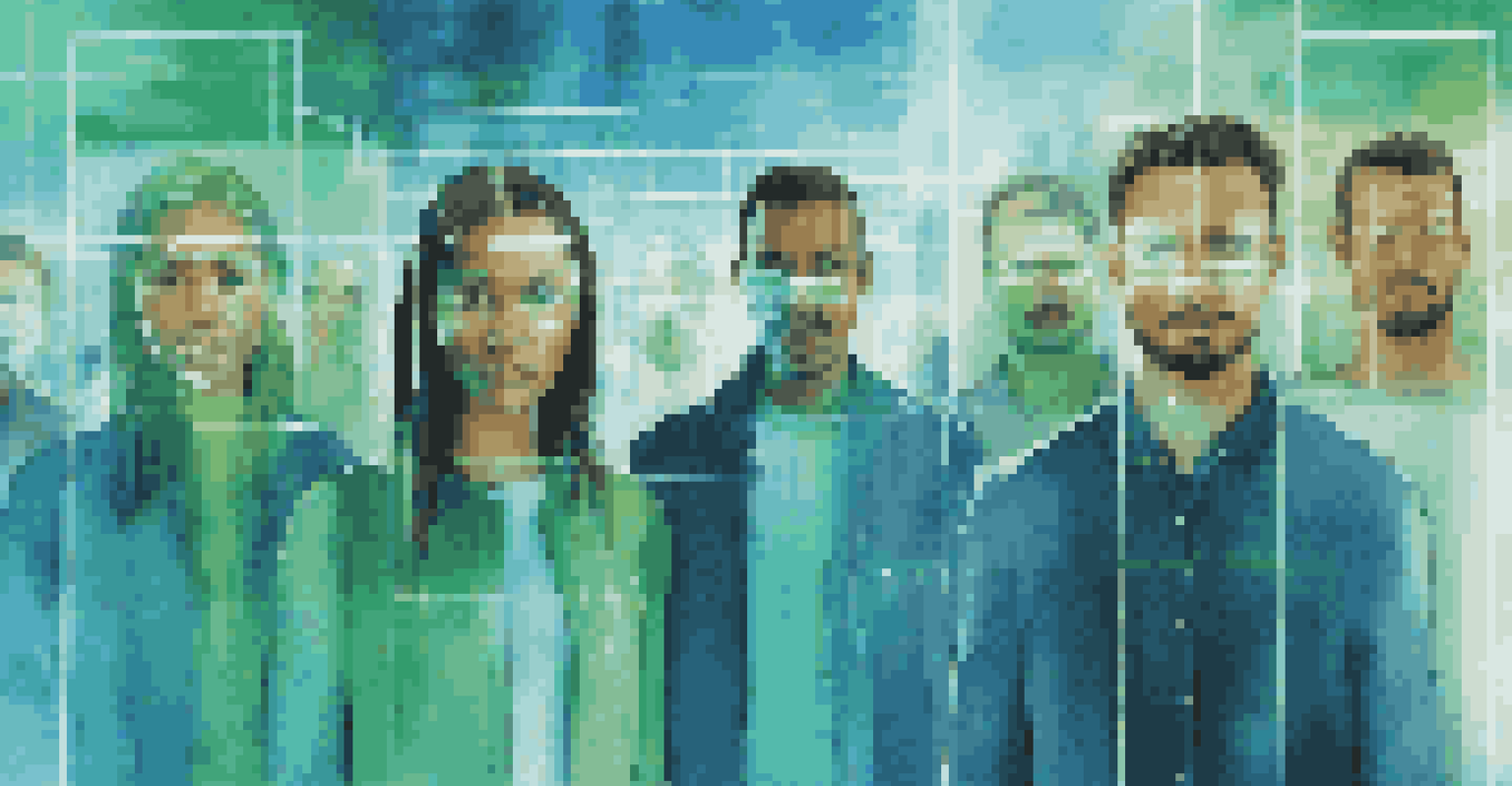 A diverse group of people in an urban setting with digital overlays showing facial recognition data, emphasizing technology and security.