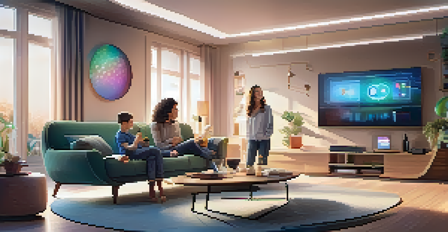 A family in a futuristic living room engaging with a smart home device using voice commands, with soft lighting and modern decor.