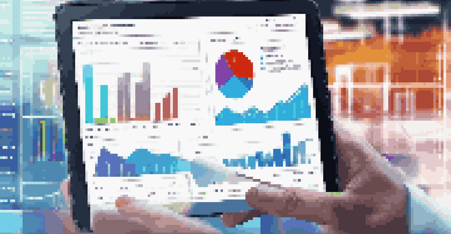 A tablet with a data analytics dashboard for supply chain management, set against a blurred logistics center.