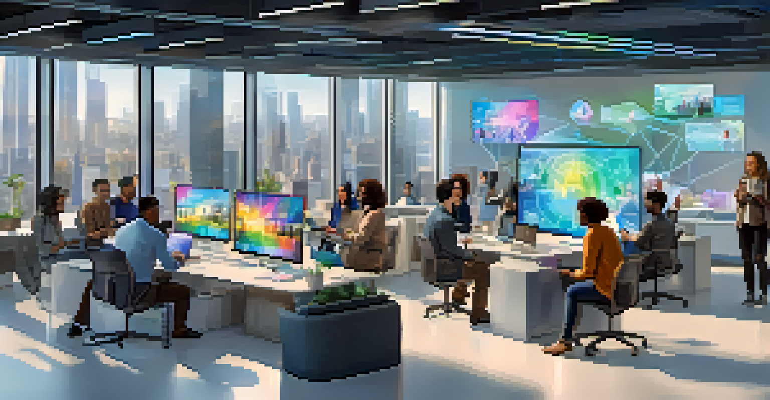 Diverse group of people in a modern office discussing decentralized identity features displayed on holographic devices.