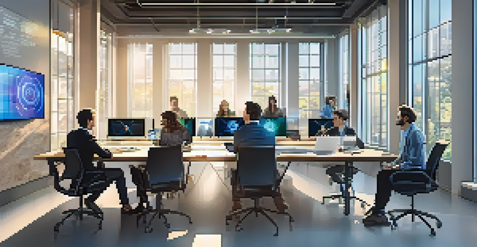 A collaborative workspace with diverse professionals brainstorming about blockchain technology, with digital screens and bright natural light.