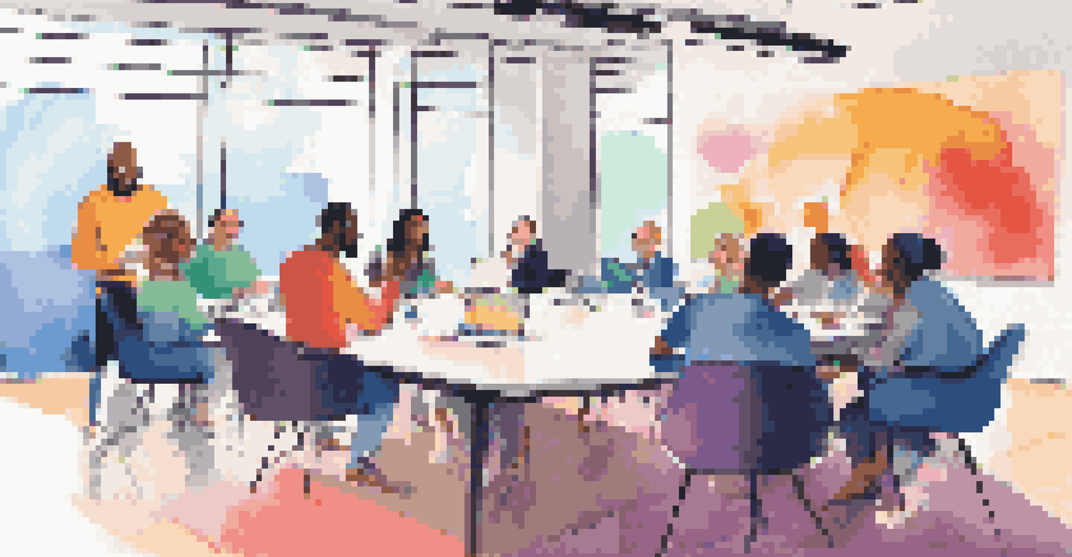 A diverse group of individuals collaborating at a conference table, discussing strategies in a colorful meeting room.