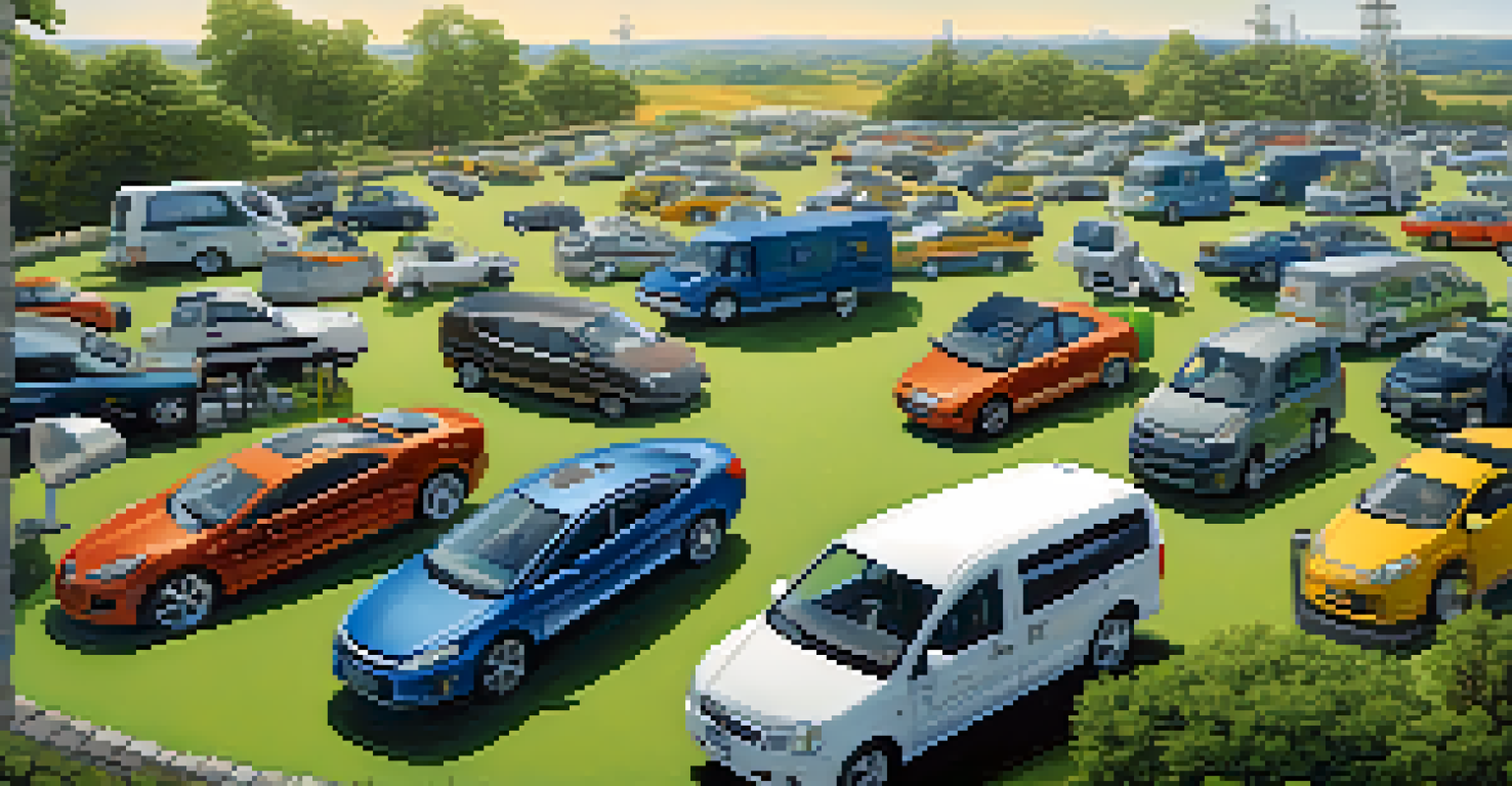 A fleet of diverse vehicles parked outdoors with visible telematics equipment, surrounded by greenery and under clear blue skies.