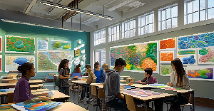 Students in a bright classroom using tablets to visualize biological processes with augmented reality, surrounded by colorful educational posters.