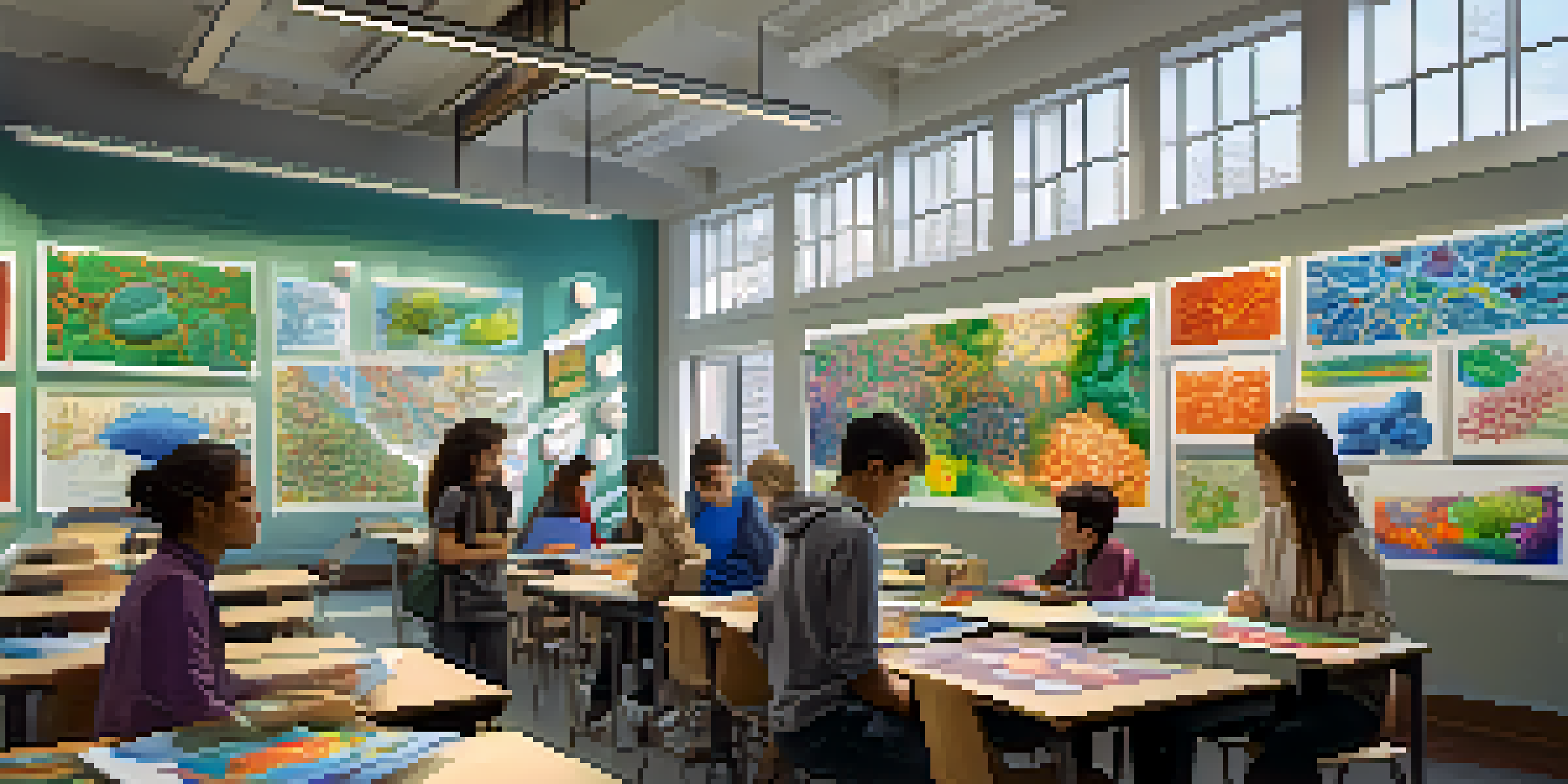 Students in a bright classroom using tablets to visualize biological processes with augmented reality, surrounded by colorful educational posters.
