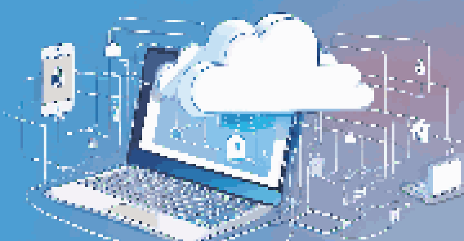 An illustration of a secure cloud with a padlock, surrounded by digital devices, symbolizing data sharing.