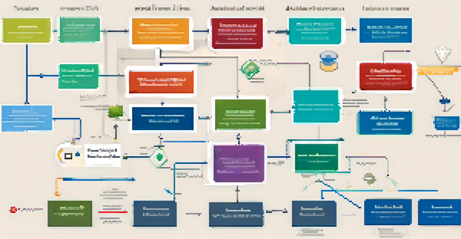 A flowchart showing the efficiency of smart contracts in various business sectors with icons and arrows.