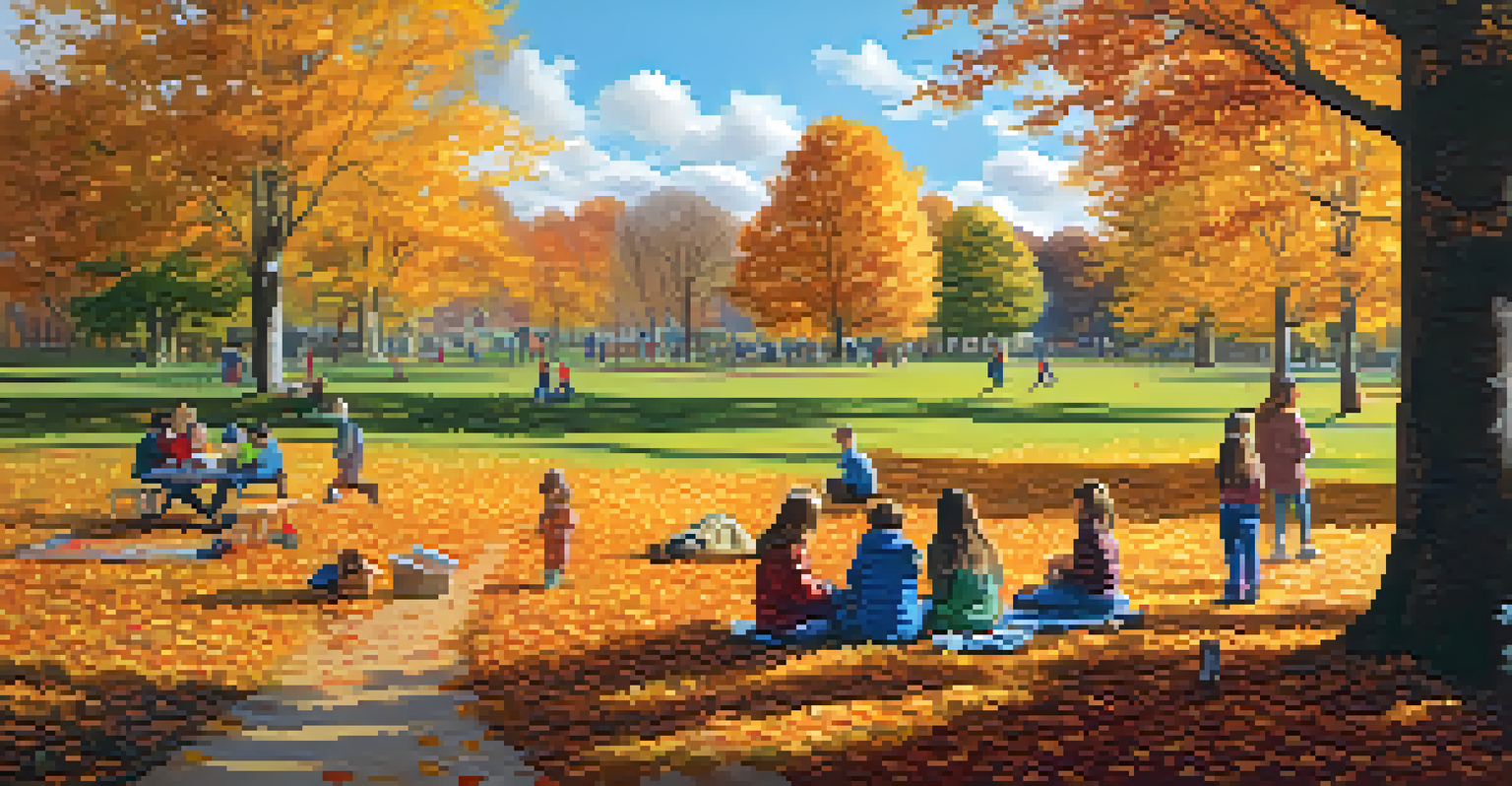 A peaceful autumn park scene with children playing, families having picnics, and colorful leaves falling from trees under a bright blue sky.