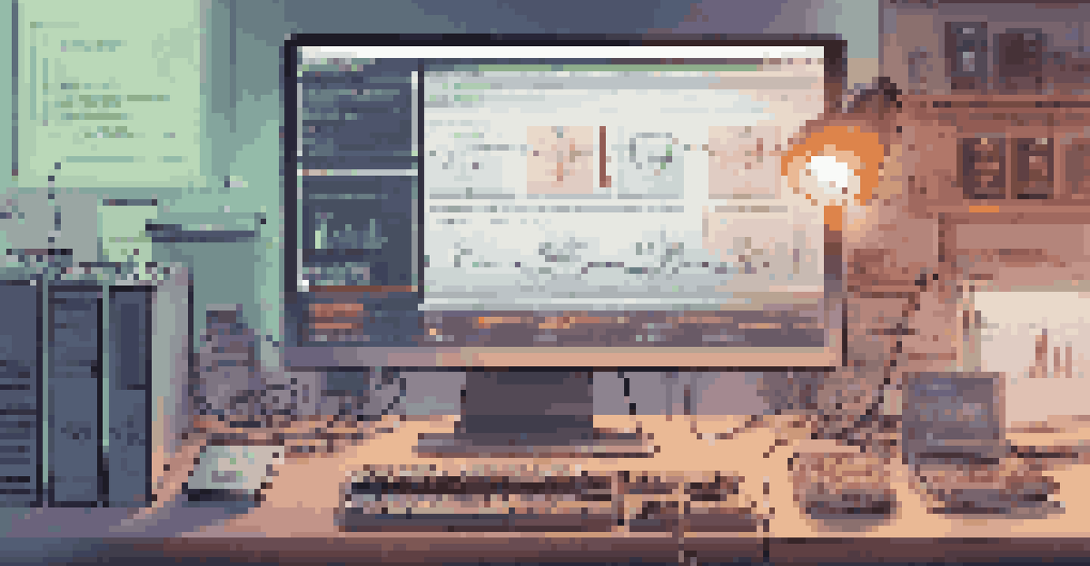 A close-up of a computer screen showing code and a CI/CD pipeline diagram, with tech gadgets around and a warm desk lamp in the background.