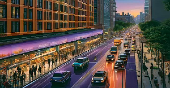 A city at dusk with illuminated smart streetlights and traffic signals, emergency vehicles on the road, and a colorful sunset sky.