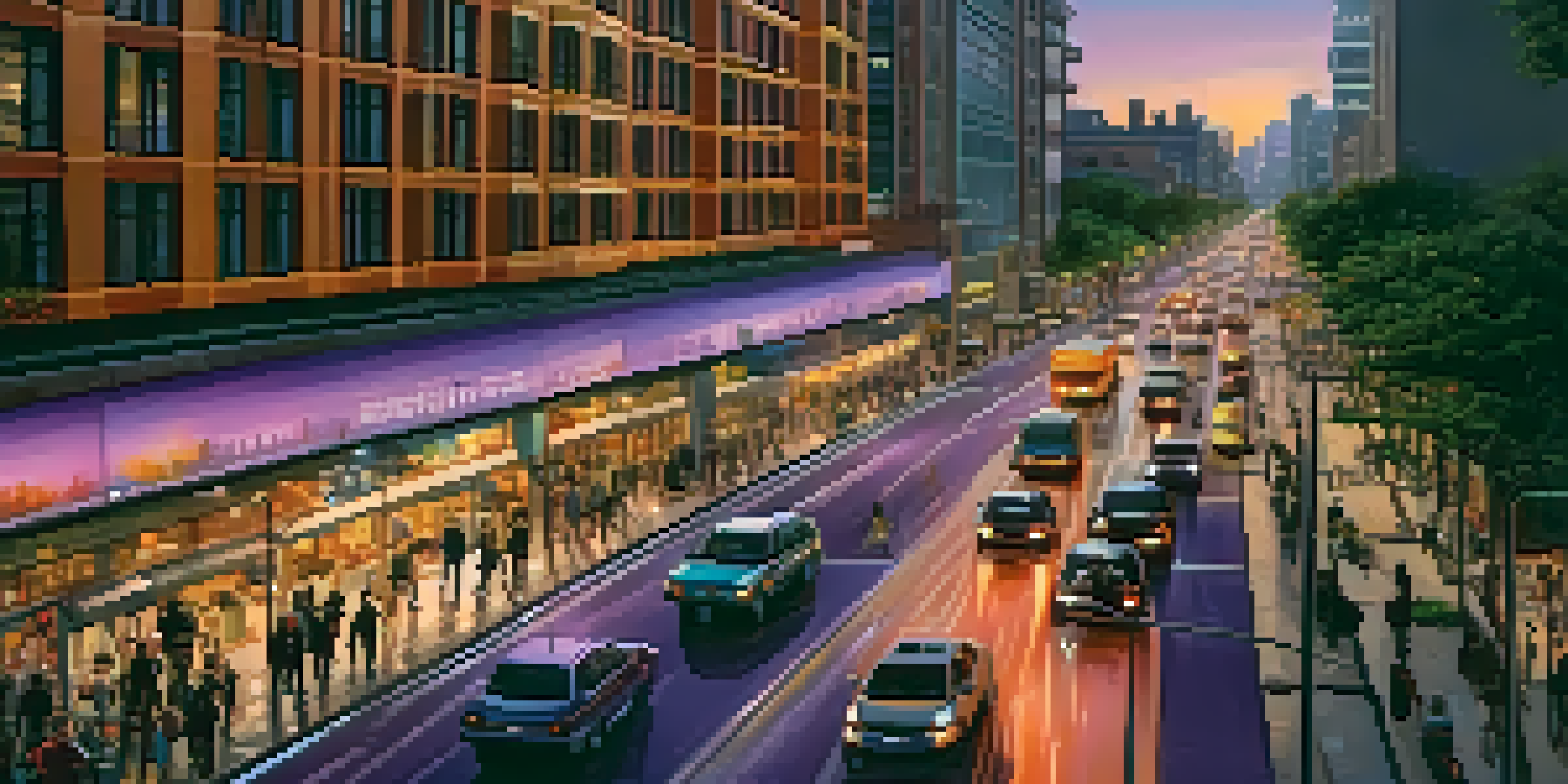 A city at dusk with illuminated smart streetlights and traffic signals, emergency vehicles on the road, and a colorful sunset sky.