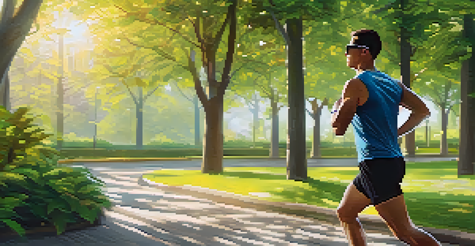 A fitness enthusiast jogging in a park, checking a smartwatch that displays health metrics.