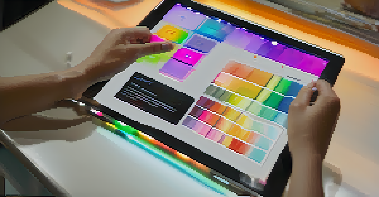 A hand touching a tablet screen displaying a colorful and intuitive app prototype.
