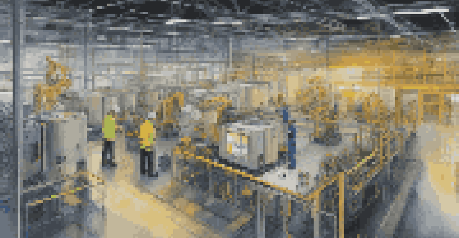 An industrial factory floor with sensors on machinery and screens showing data analytics, with workers in safety gear.