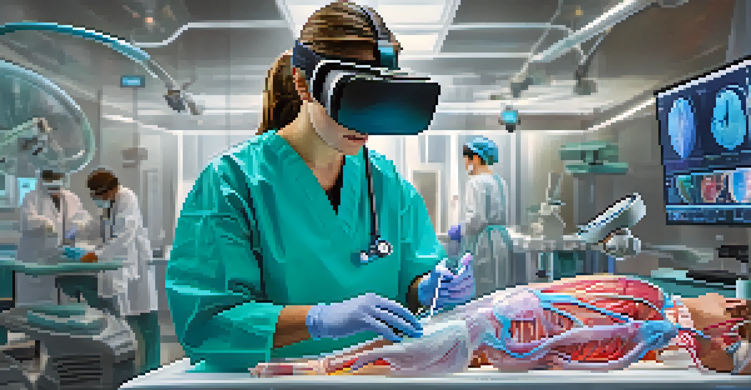 A medical student engaged in augmented reality training, practicing surgery with holographic tools and visuals.