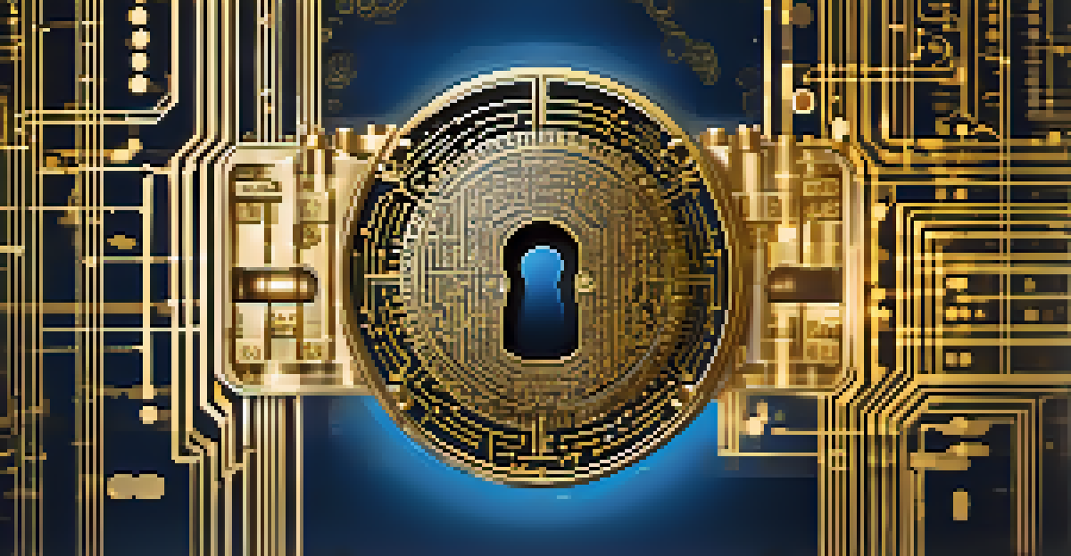 A close-up of a glowing digital lock surrounded by binary code and encryption patterns.