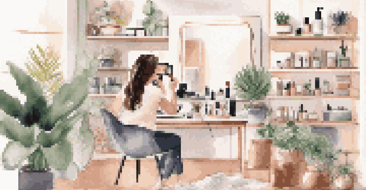 A beauty influencer recording a makeup tutorial in a stylish room with a ring light and colorful cosmetics in the background.