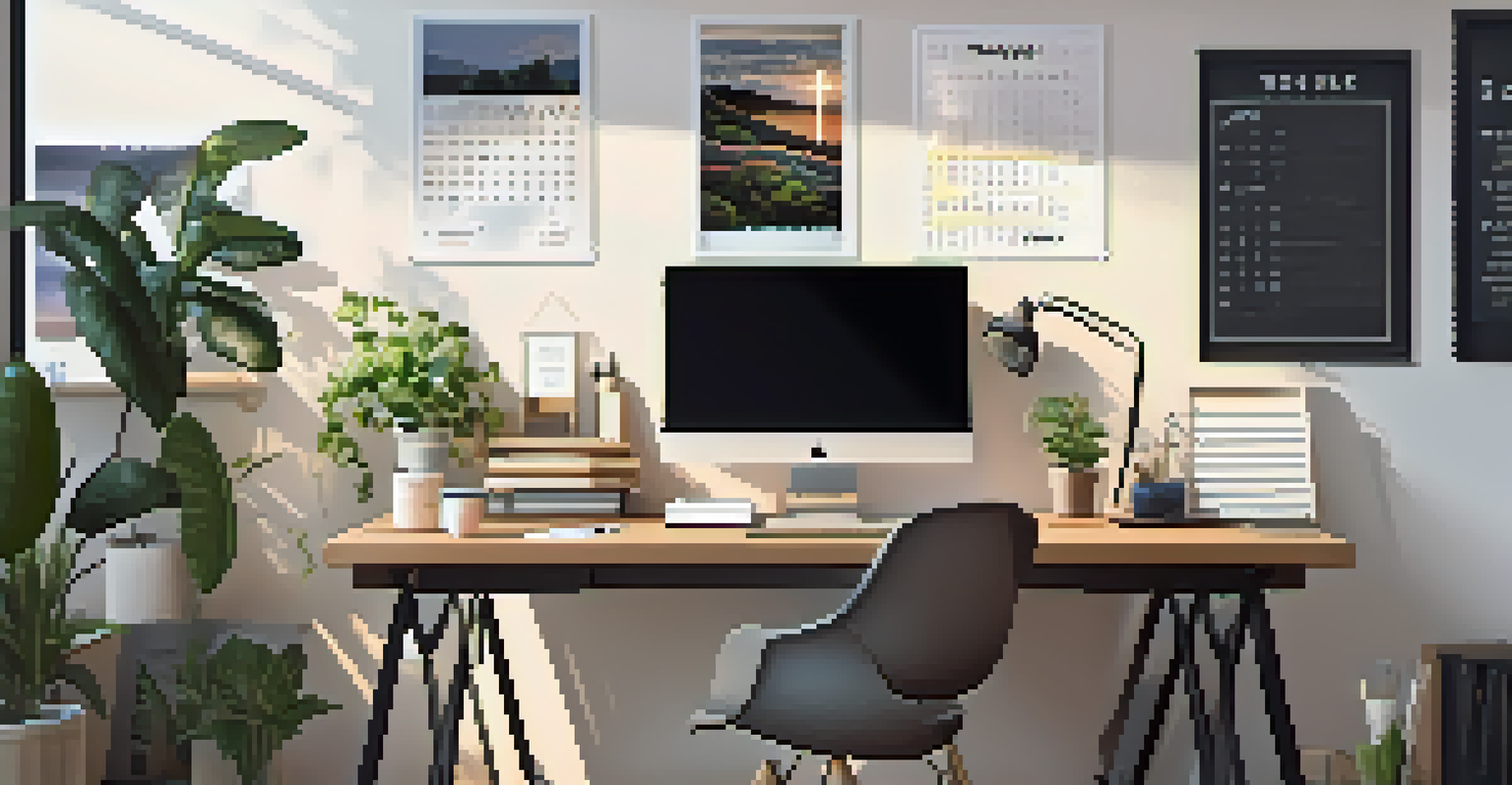 A well-organized modern workspace with a desk, computer, and motivational posters.