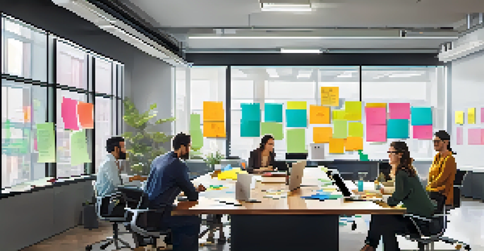 A bright and modern office space with a diverse team collaborating around a table, filled with laptops and colorful notes, illuminated by natural light.