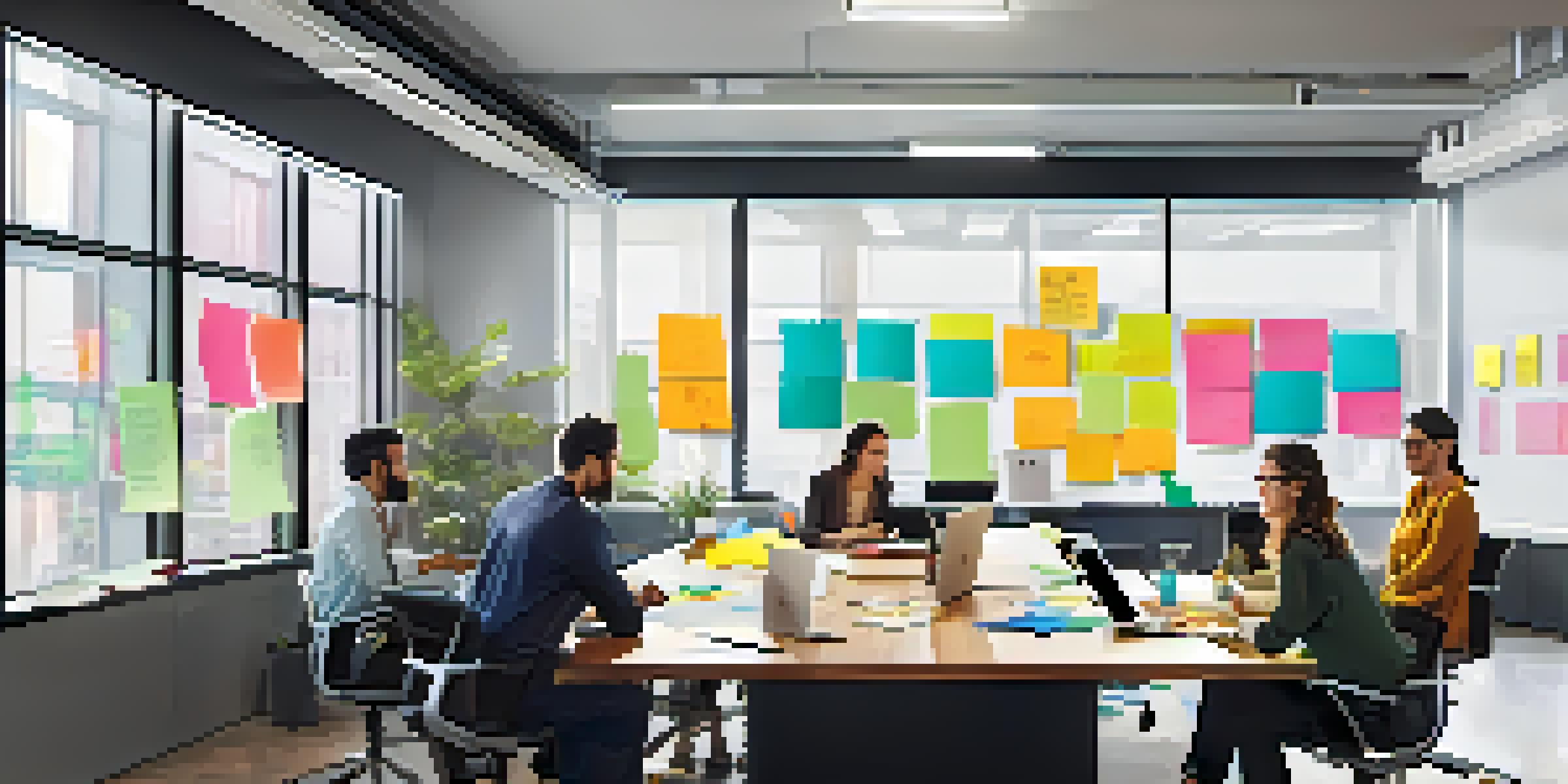 A bright and modern office space with a diverse team collaborating around a table, filled with laptops and colorful notes, illuminated by natural light.